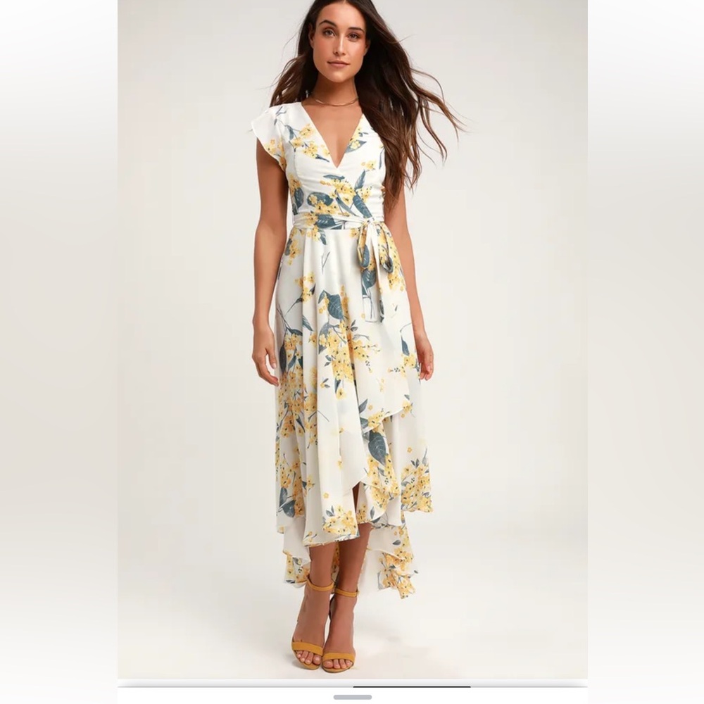 French Countryside Floral high low dress 100% poly lined tie waist cap sleeve